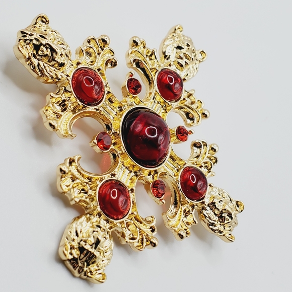 Maltese cross brooch lion red jelly belly cabachon gold pendant necklace - Picture 3 of 7